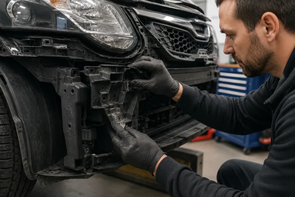 Mechanic working on car front bumper